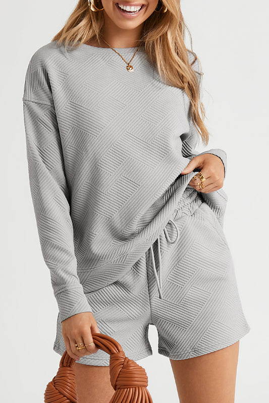 Textured Long Sleeve Top & Drawstring Shorts Set | Sophisticated Loungewear