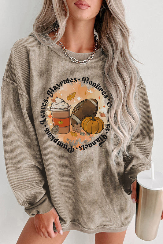 Khaki Oversized Autumn Vibe Rugby Football Graphic Corded Sweatshirt